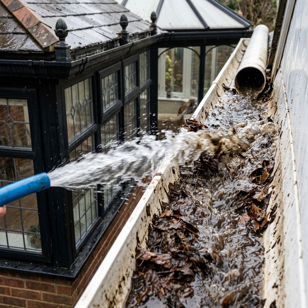 High flow water flushing out a conservatory gutter