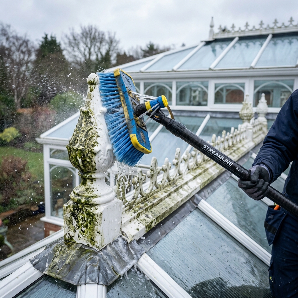Carbon fibre pole scrubbing conservatory UPVC finial in Stockton-on-Tees