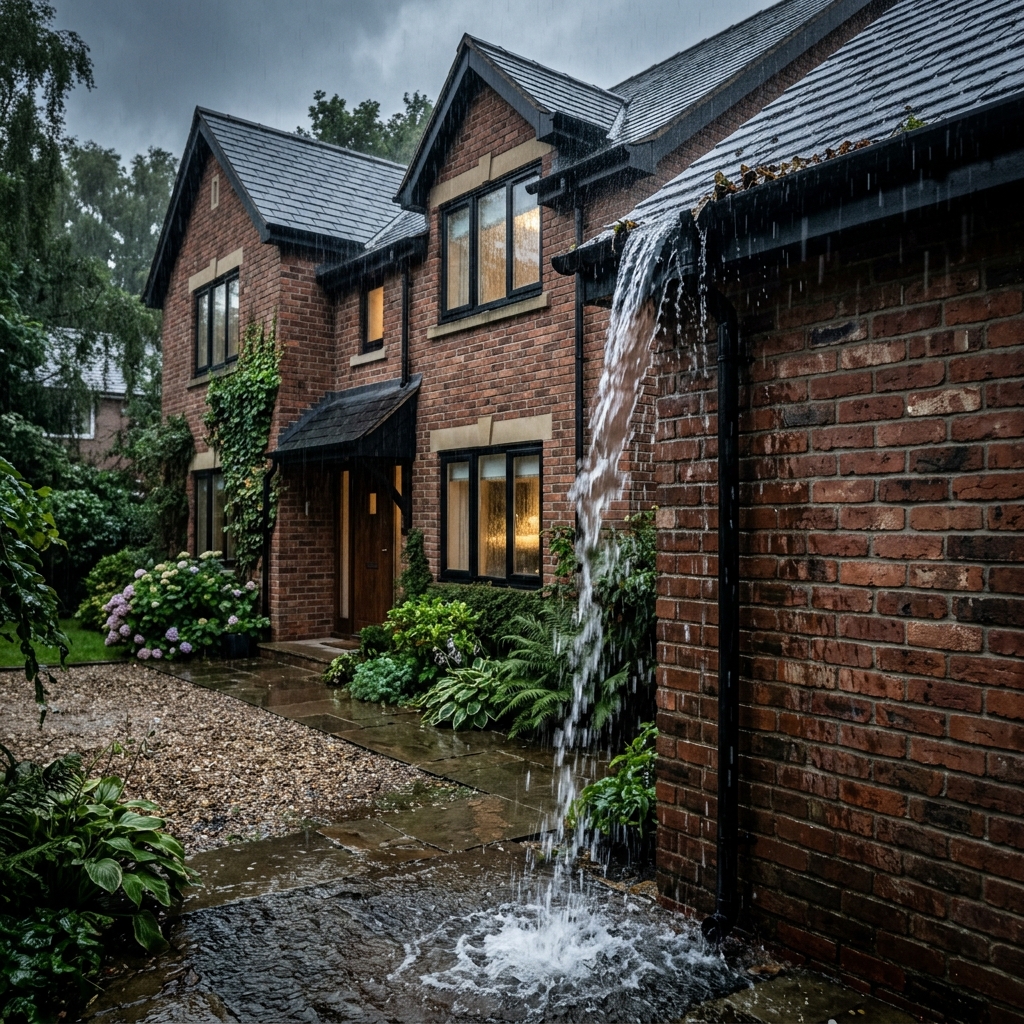 Blocked guttering overflowing during rain in Norton