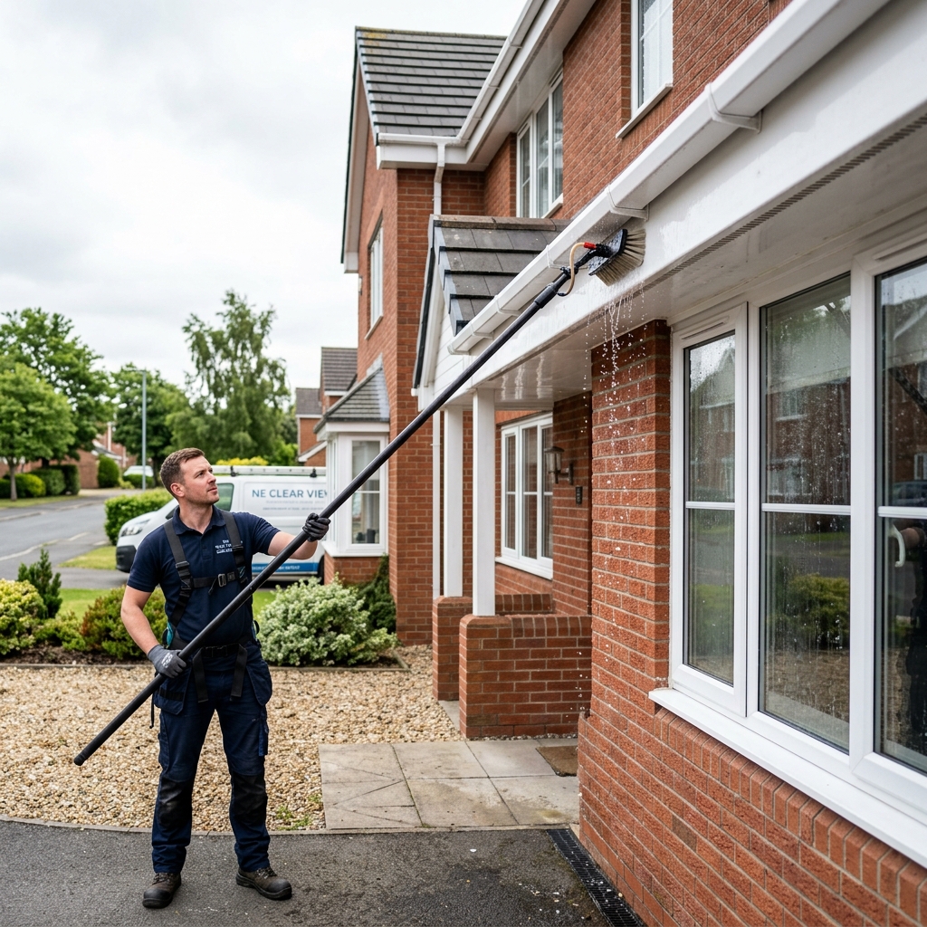 Professional soffit and fascia cleaning in Yarm, returning UPVC to brilliant white.