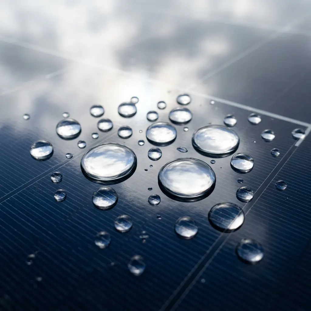 Macro view of pure 000 PPM water on solar glass in Billingham