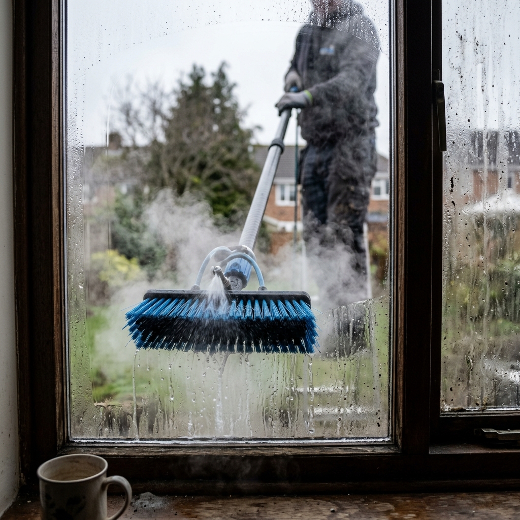 Extreme close up of heated pure water window cleaning brush in Stockton-on-Tees
